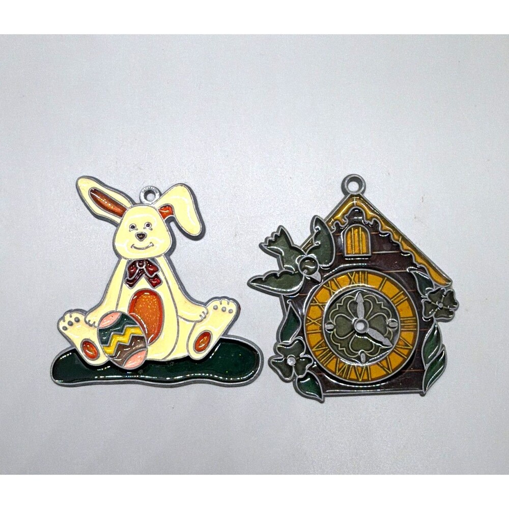 Vintage Easter Bunny & Cuckoo Clock Suncatcher Ornaments - Lot of 2